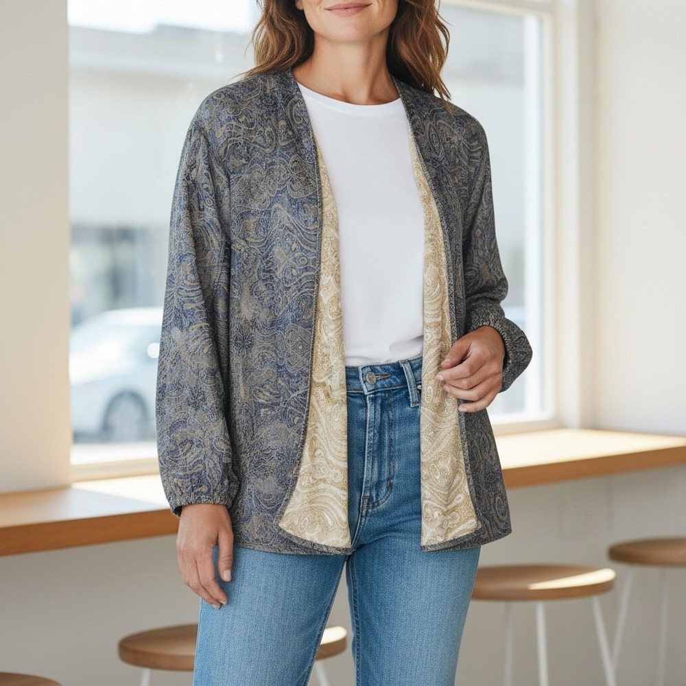 Catherines Paisley Open Front Embroidered Reversible Jacket 3X Blue Gold Lined